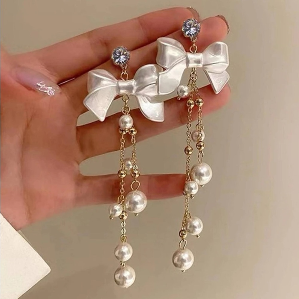1pair Fashionable Faux Pearl Bowknot & Tassel Earrings, Elegant Jewelry